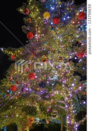 Christmas tree ornaments decorated with Christmas lights 133798639
