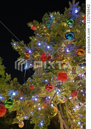 Christmas tree ornaments decorated with Christmas lights Christmas tree ornaments decorated with Christmas lights 133798642