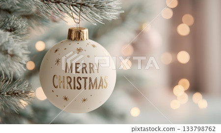 Elegant white Christmas bauble with golden “Merry Christmas” 133798762