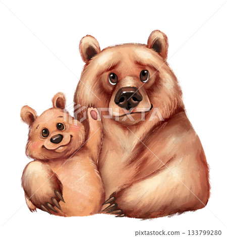 Hand-drawn illustration of the cute adult bear and cub waving. 133799280
