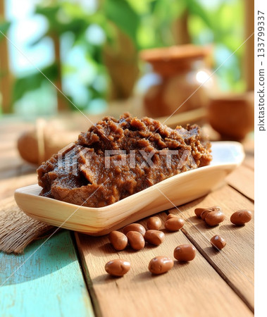 白色盤子裡的味噌，溫暖的自然光 133799337