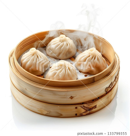 Xiaolongbao Dim Sum lined up in a bamboo steamer 133799355