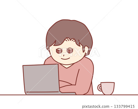 Illustration of a smiling man looking at a computer, warm colors 133799415