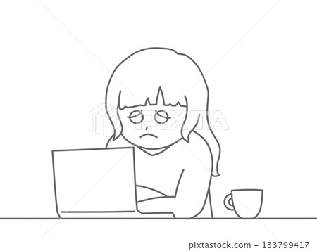 一幅線條畫,描繪了一個面容憂慮、正看著電腦的女人。 一幅線條畫,描繪了一個面容憂慮、正看著電腦的女人。 133799417