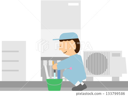 Image of a person wearing work clothes draining a water heater 133799586
