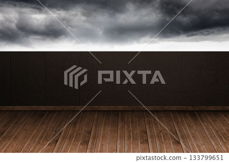 Showing empty room with polished wooden floor and dark tiled wall under overcast sky, flat design 133799651