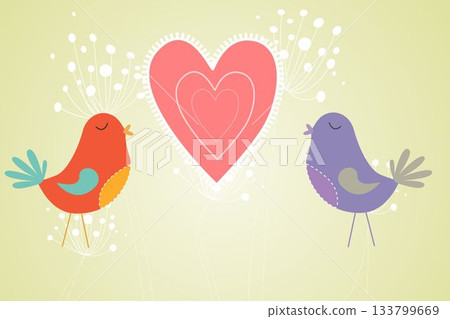 Love birds with heart and dandelions 133799669