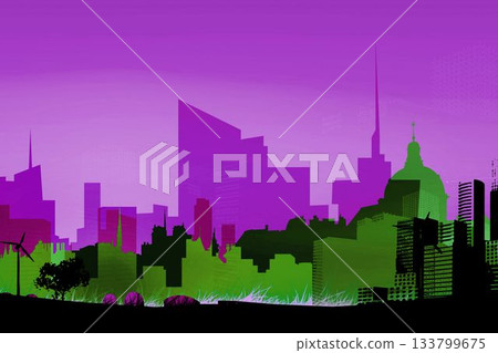 Showing flat skyline with wind turbine vegetation green high-rises purple towers against purple sky Showing flat skyline with wind turbine vegetation green high-rises purple towers against purple sky 133799675