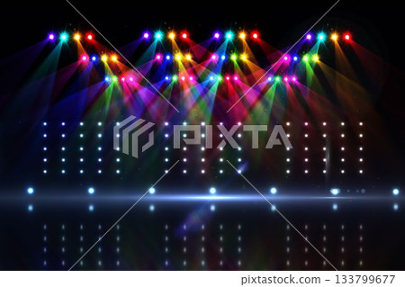 flat design spotlights casting vibrant beams across reflective floor with LED grid haze, copy space flat design spotlights casting vibrant beams across reflective floor with LED grid haze, copy space 133799677