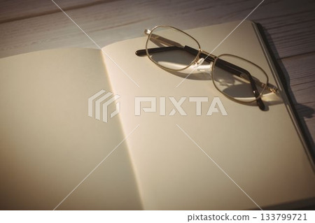 Old fashioned eyeglasses kept on blank book Old fashioned eyeglasses kept on blank book 133799721