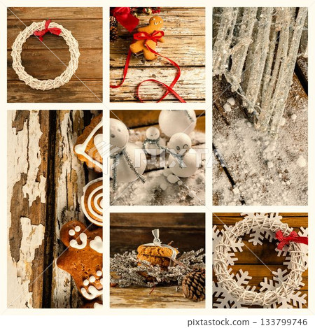 Flat lay collage is being displayed on weathered wood featuring wreaths, gingerbread, snowmen Flat lay collage is being displayed on weathered wood featuring wreaths, gingerbread, snowmen 133799746
