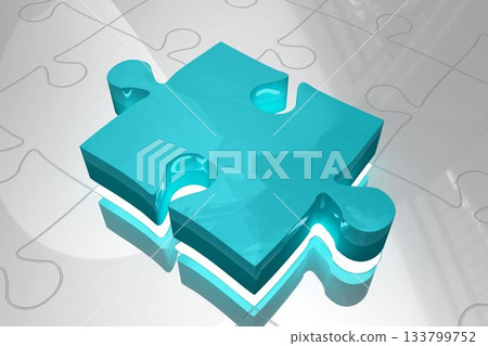 Glossy teal puzzle piece is floating over smooth gray surface with faint outlines in 3D render 133799752