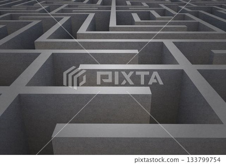 Concrete labyrinth corridor grid is unfolding in top-down 3D render, showing rough textured walls 133799754