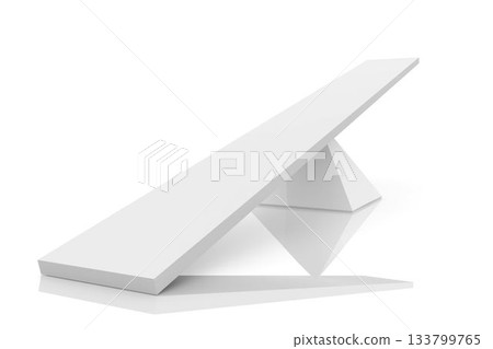 White plank is balancing on triangular prism in 3D render showing reflective finish 133799765