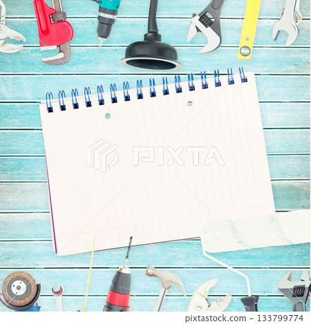Tools and notepad on wooden background Tools and notepad on wooden background 133799774