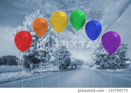 Six colorful balloons are floating across road flanked by trees under cloudy sky in flat design Six colorful balloons are floating across road flanked by trees under cloudy sky in flat design 133799775