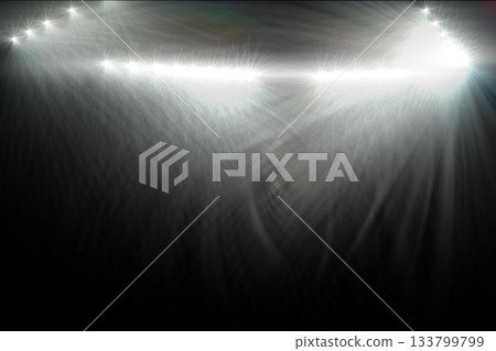 Horizontal row of spotlights is casting long beams through haze in flat design black backdrop 133799799