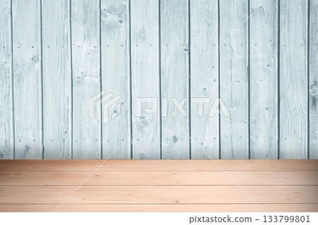 Light blue vertical plank wall and light brown horizontal surface are forming flat design backdrop 133799801