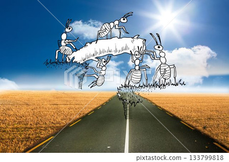 Six cartoon ants are carrying log on grass platform above road under sun in composite illustration 133799818
