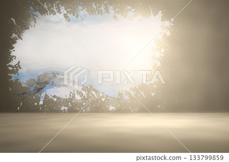 Splash on wall revealing snowy peak 133799859