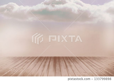 Flat design illustration is showing wooden floor planks extending toward cloudy sky background Flat design illustration is showing wooden floor planks extending toward cloudy sky background 133799898