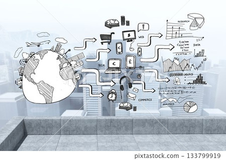 Black white graphic over cityscape background 133799919