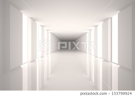 Depicting futuristic white corridor featuring glowing vertical panels and glossy floor in 3D render Depicting futuristic white corridor featuring glowing vertical panels and glossy floor in 3D render 133799924