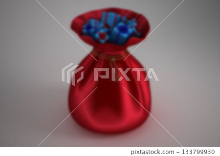 3D render is showing red velvet bag on grey backdrop with blue gift boxes, golden cord 133799930