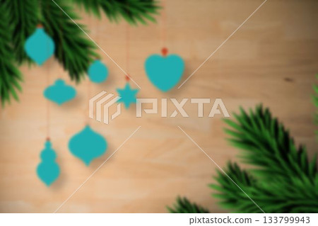 Blurred fir tree branches on wood Blurred fir tree branches on wood 133799943