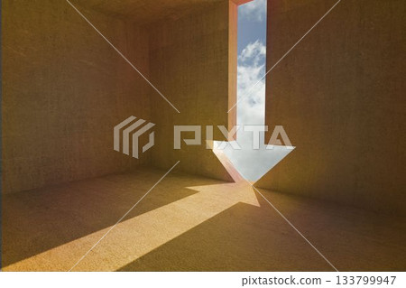 Flat design showing cubical chamber with earthy walls featuring arrow-shaped opening casting light Flat design showing cubical chamber with earthy walls featuring arrow-shaped opening casting light 133799947