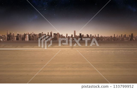 Flat design is depicting distant skyscraper skyline rising from sandy plain under starry dusk sky 133799952