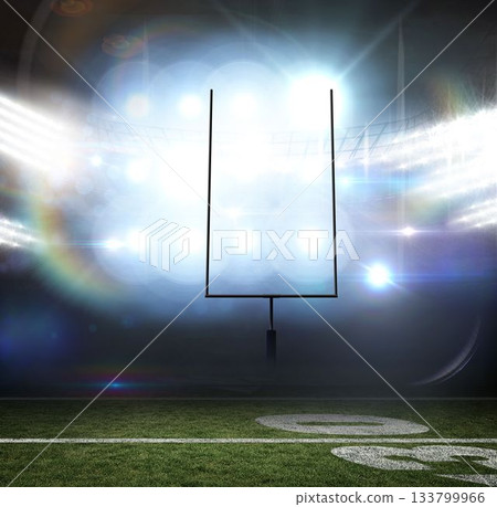 Flat design football goal post is standing under floodlit stadium, showing 50 yard line marking 133799966