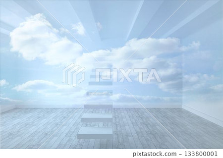 Floating translucent steps are ascending over light gray wood floor into blue sky in flat design Floating translucent steps are ascending over light gray wood floor into blue sky in flat design 133800001