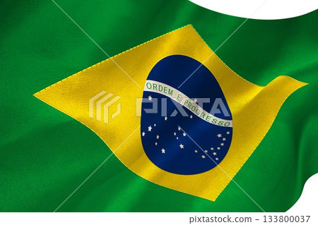 Brazilian flag waving in flat design, featuring green field, yellow diamond, blue circle with stars 133800037
