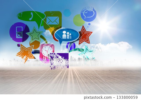 Flat design is featuring wooden deck leading to skyline, floating phone, mail, chat and media icons 133800059