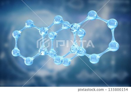 Translucent molecular ring floating in digital visualization, showing glossy blue spheres and bonds Translucent molecular ring floating in digital visualization, showing glossy blue spheres and bonds 133800154