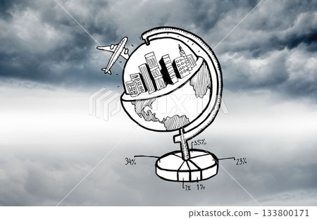 Illustration of globe and airplane against the sky 133800171