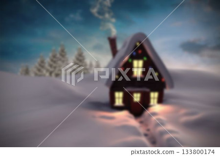 Flat design is showing cabin with glowing windows, smoking chimney, pine trees, footprints in snow Flat design is showing cabin with glowing windows, smoking chimney, pine trees, footprints in snow 133800174