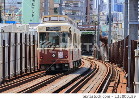 東京櫻花電車正沿著山坡駛向千登橋。 東京櫻花電車正沿著山坡駛向千登橋。 133800189