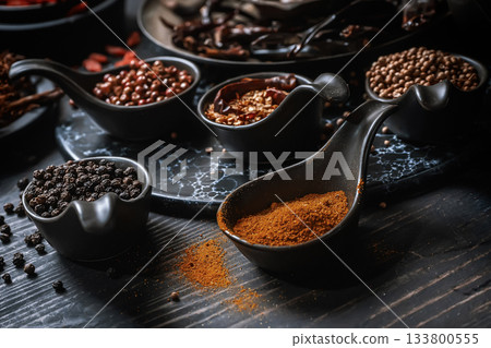 Assorted spices on dark wood 133800555