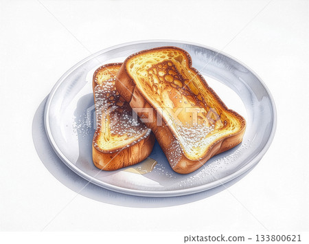 水彩插畫：撒上糖粉、淋上糖漿的法式吐司 | 法式吐司、早餐、甜點、白色背景 133800621