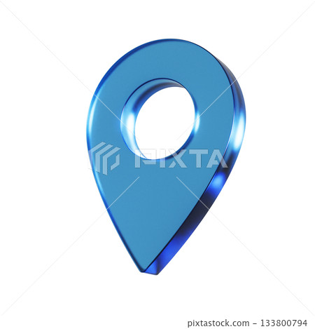 3D illustration of a flat location icon. Transparent blue glassmorphic mark. 3D illustration of a flat location icon. Transparent blue glassmorphic mark. 133800794