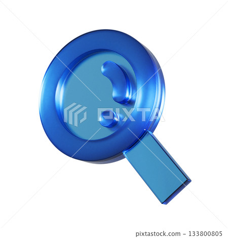 放大鏡的平面圖示的 3D 插圖。透明藍色玻璃狀圖案 133800805
