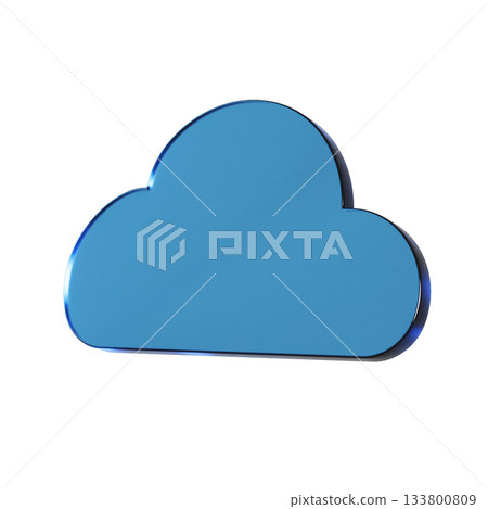 3D illustration of a flat cloud icon. Transparent blue glass morphic mark. 133800809