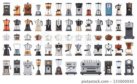 Espresso machine and coffee equipment illustration icon set 133800930