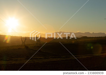 The evening electricity pylon silhouette 133800939