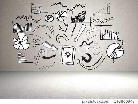 Marker drawn tablet featuring light bulb icon is being shown on textured wall with charts, arrows Marker drawn tablet featuring light bulb icon is being shown on textured wall with charts, arrows 133800945