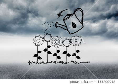 Cog flowers with can in sky Cog flowers with can in sky 133800948