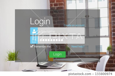 Login page against laptop on desk in office 133800974