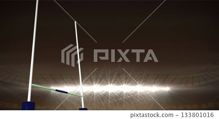 Displaying white rugby goalposts in flat design night stadium scene, featuring bright floodlights Displaying white rugby goalposts in flat design night stadium scene, featuring bright floodlights 133801016